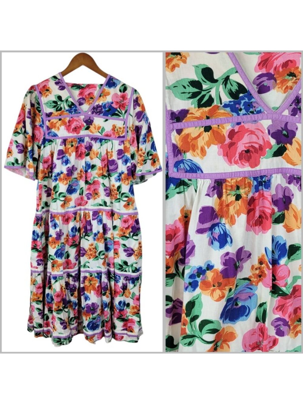 House Dress Muumuu Size Small Cottagecore Bright Floral Rose Tiered Vintage